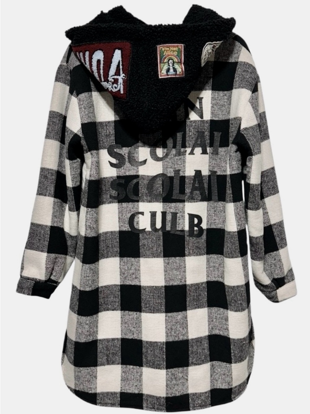 Custom Punk Plaid Sherpa Hood Shacket Grunge Patchwork Streetwear Coat XL